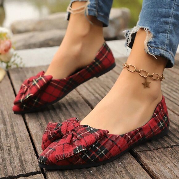 Red Casual Women's Flat Slip-On Shoes with Plaid Bow Floral Loafers - Picture 6 of 6